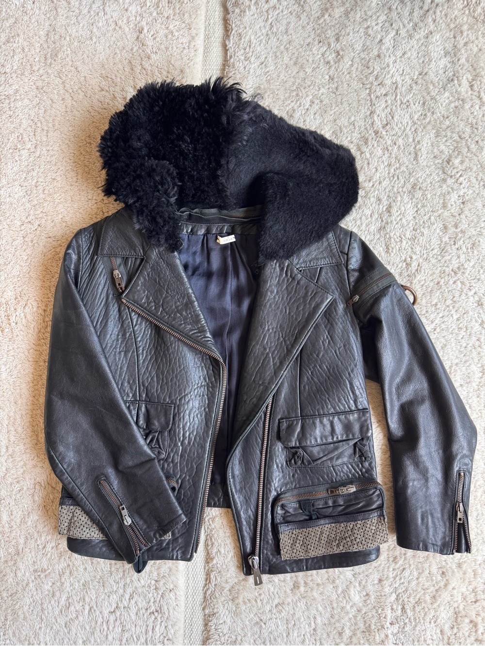 Acne Black Shearling Hooded Motorcycle Jacket